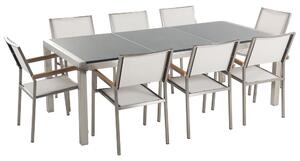 Nyolcszemélyes szürke gránit étkezőasztal fehér textilén székekkel GROSSETO
