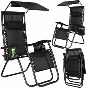 SERSIMO GC3 Összecsukható napozóágy, Zero Gravity relax, tetővel, 175 cm, fekete