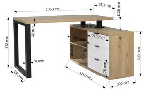 MARO 3 íróasztal, 135x76,2x115, artisan tölgy/fekete/fehér