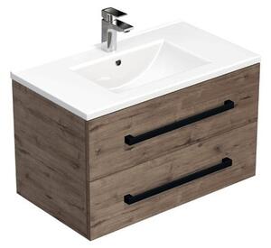Fürdőszobaszekrény fekete fogantyúval és mosdókagylóval SAT Cube Way 80x53x46 cm tölgyfa Wellington matt CUBE46C802DWMOD