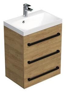 Fürdőszoba szekrény fekete fogantyúval és mosdóval SAT Cube Way 60x76,5x40 cm tölgy Hickory matrac CUBE2C603DH