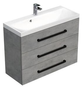 Fürdőszoba szekrény fekete fogantyúval és mosdóval SAT Cube Way 100x76,5x40 cm betonszőnyeg CUBE2C1003BE
