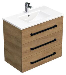 Fürdőszobaszekrény fekete fogantyúval és mosdókagylóval SAT Cube Way 80x76,5x46 cm tölgy Hickory szőnyeg CUBE46C803DHMOD
