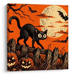 Kép halloweeni macska tökök között
