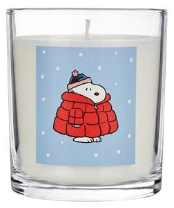 PEANUTS gyertya üvegben 9cm , Snoopy kabátban