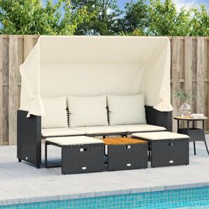 VidaXL 3 személyes fekete polyrattan kerti kanapé baldachinnal/székkel