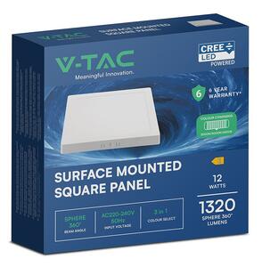 V-TAC CREE SMD felületre szerelhető, műanyag IP20, négyzet LED panel 12W, CCT - SKU 104956