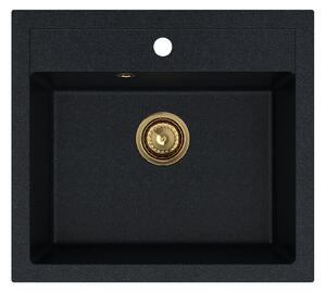 SINK Quality Mosogató Quality Ferrum, konyhai gránit mosogató 565x510x205 mm + arany szifon, fekete foltos-Brocade, SKQ-FER.B.1K60.XG