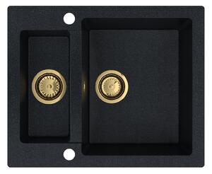 SINK Quality Mosogató Quality Ferrum, konyhai gránit mosogató 605x495x210 mm + arany szifon, fekete foltos-BROKÁD, SKQ-FER.B.5KBO.XG