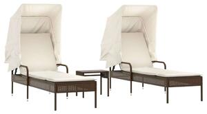 VidaXL Napozóágy Szett - 2 db - Barna Polyrattan - Napellenzővel és Asztallal