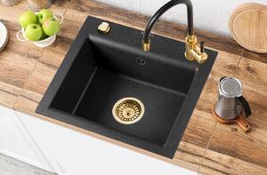 Invena Tesalia, 1 kamrás gránit mosogató 440x480x160 mm és Glamour mosogató csaptelep, fekete-arany, INV-AZ-01-Z41-SET