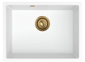SINK Quality Mosogató minőségi Crypton 60, konyhai gránit mosogató 535x400x205 mm + arany szifon, fehér, SKQ-CRY.W.1KBO.60.XG