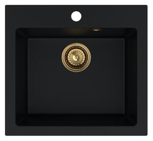 SINK Quality Mosogató Quality Ferrum 50, konyhai gránit mosogató 490x450x195 mm + arany szifon, fekete, SKQ-FER.C.1K50.XG