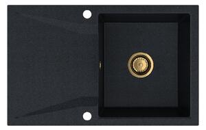 SINK Quality Mosogató Minőségi Obszidián, konyhai gránit mosogató 790x500x210 mm + arany szifon, fekete foltos-Brocade, SKQ-OBS.B.1KDO.XG