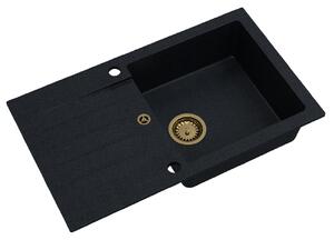 SINK Quality Mosogató Quality Natalie, konyhai gránit mosogató 770x450x170 mm + arany szifon, fekete foltos-BROKÁD, SKQ-NAT.B.1KDO.XG