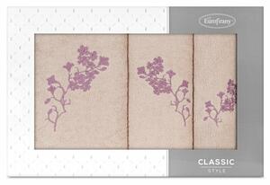 Blossom 3db-os virágmintás hímzett törölköző szett Pasztell rózsaszín/lila