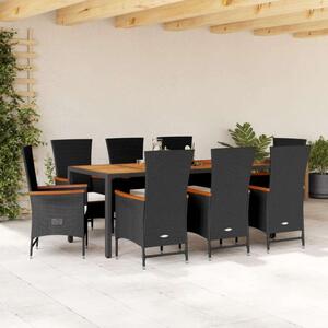 VidaXL Kerti Étkezőgarnitúra - 9 részes - Fekete Polyrattan