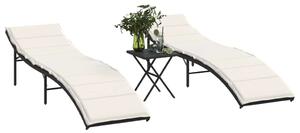 VidaXL Napozóágy Szett - 2 db - Fekete Polyrattan - Asztallal