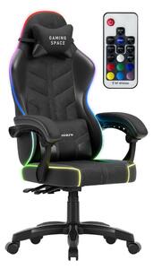 Gamer szék, forgó, ergonómikus, RGB világítással, fekete