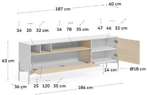 Fehér kőris TV-asztal Kave Home Marielle 187 x 40 cm fém talppal