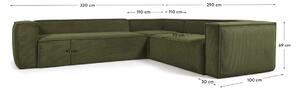 Zöld kordbársony sarokkanapé Kave Home Block II 320 cm, jobb
