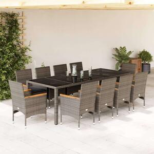 VidaXL 11 részes szürke polyrattan/üveg kerti ülőgarnitúra párnákkal
