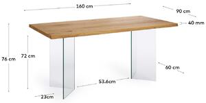 Tölgyfa étkezőasztal Kave Home Lotty 160 x 90 cm, üveglappal