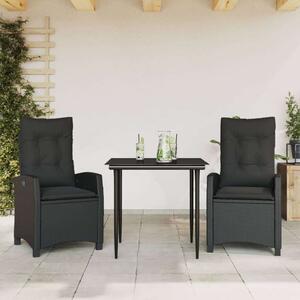 VidaXL 3 részes fekete polyrattan kerti étkezőgarnitúra párnákkal