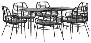 7 részes fekete polyrattan üveg kerti étkezőgarnitúra párnákkal