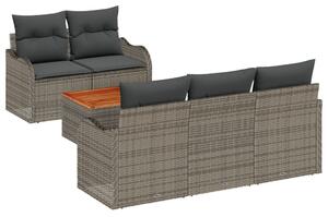 6 részes kerti kanapé szett párnákkal, szürke, poli rattan, akác, 2 személyes kerti kanapé tárolóval és párnákkal, szürke, poli rattan