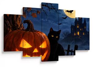 XXL Kép - Fekete macska egy világító halloweeni tök mellett (150x105 cm)