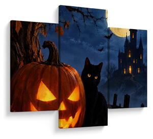 Kép - Fekete macska egy világító halloweeni tök mellett (90x60 cm)