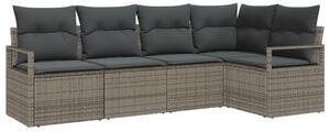 5 részes kerti kanapé szett párnákkal szürke poli rattan, 2 személyes kerti kanapé tárolóval és párnákkal szürke poli rattan