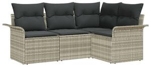 4 Részes Kerti Kanapé Szett Párnákkal Világosszürke Poly Rattan, 2 személyes Kerti Kanapé Tárolóval és Párnákkal Világosszürke Poly Rattan