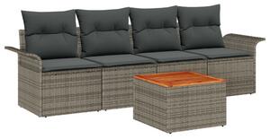 5 Darabos Kert Sofa Készlet Párnákkal Szürke Poli Rattan Akác, 2-Személyes Kert Sofa Tárolóval és Párnákkal Szürke Poli Rattan