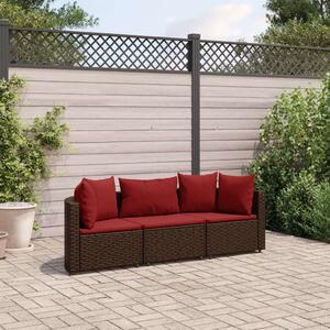 VidaXL 3 részes Kerti Ülőgarnitúra - Barna Polyrattan - Piros Párnákkal