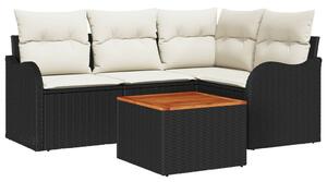 5 Darabos Kerti Sofa Készlet Párnákkal Fekete Poli Rattan Akác, 2-Fős Kerti Sofa Tárolóval&amp;Párnákkal Fekete Poli Rattan