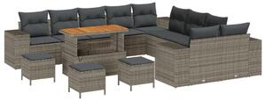 13 Darabos Kertibútor Szett Párnákkal Szürke Poli Rattan Akác, 3 Darabos Kerti Étkező Szett Párnákkal Szürke Poli Rattan Akác