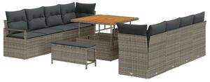 11 Darabos Kerti Kanapé Szett Párnákkal Szürke Poli Rattan Akáccal, 2-Fős Kerti Kanapé Párnákkal Szürke Poli Rattan, 3 Darabos Kerti Dining Szett Párnákkal Szürke Poli Rattan Akáccal