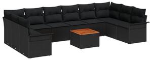 11 részes Kert Sofa Szett párnákkal Fekete Poli Rattan Akácia, 2 személyes Kert Sofa tárolóval és párnákkal Fekete Poli Rattan