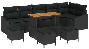 9 Részes Kerti Sofa Szett Párnákkal Fekete Poli Rattan Akácia, 2-Fős Kerti Sofa Párnákkal Fekete Poli Rattan, 3 Részes Kerti Étkező Szett Párnákkal Fekete Poli Rattan Akácia