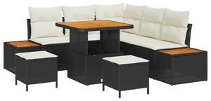 8 Darabos Kert Sofa Szett Párnákkal Fekete Poli Rattan Akáccal