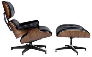 King Home Lounge XL Bőr Fotel Lábtartóval Diófa Fekete