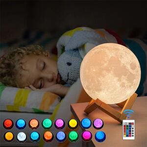 Procart 3D hold alakú éjjeli lámpa 20 cm, 16 szín, távirányító, fa tartó, újratölthető USB
