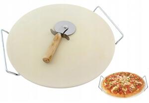 Kerámia pizza sütőlap és késkészlet, 33 cm átmérőjű, fém fogantyúkkal