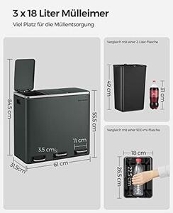 Konyhai szemetes, 3 × 18 literes szelektív hulladékgyűjtő, acél, zöldesszürke