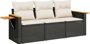 VidaXL 3 részes fekete polyrattan kerti ülőgarnitúra párnával