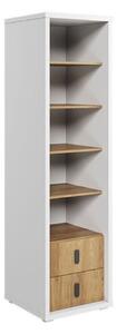 Könyvespolc Tesonu 106, Nyitott, Fiókokkal, Laminált forgácslap, 200x55x55cm, Fehér, Hickory tölgy