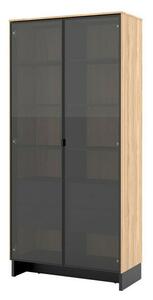 Könyvespolc Lorcamo 104, Ajtókkal, Fiókokkal, Edzett üveg, Laminált forgácslap, 196x92x40cm, Világos fa, Fekete