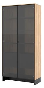 Könyvespolc Lorcamo 104, Fiókokkal, Ajtókkal, Edzett üveg, Laminált forgácslap, 196x92x40cm, Fekete, Világos fa